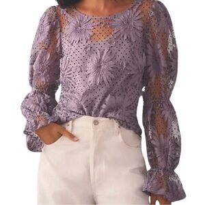 Anthropologie X Eva Franco Lace Polka-dot Floral Sheer Lavender Blouse Top SZ S